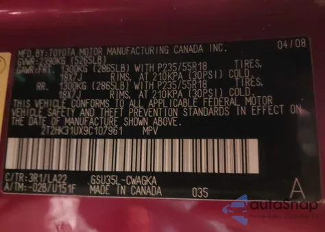 2009 Lexus Rx 350 from USA, damaged, VIN 2T2HK31UX9C107961